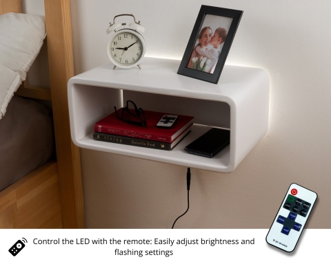 Curved Wooden Floating Nightstand, Handmade Bedside Table with Dimmable LED - White