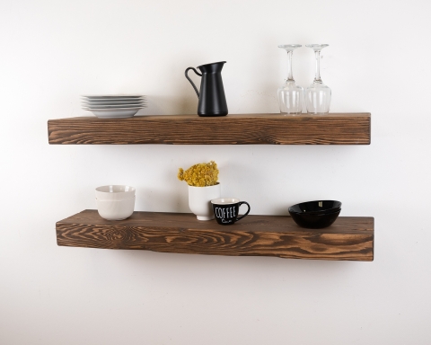 Rustic Floating Shelf - 3" Thick Handmade Natural Wood Wall Shelf  Distressed Finish - Vancouver