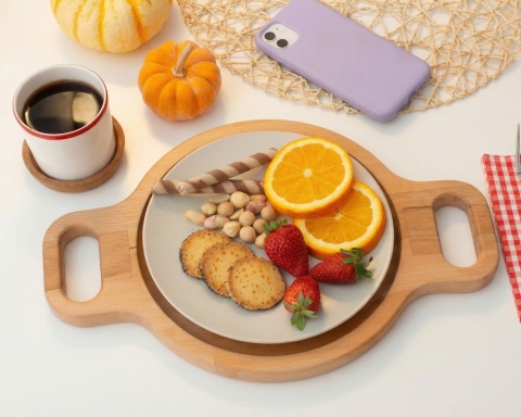 Round Wooden Serving Tray with Double Handles