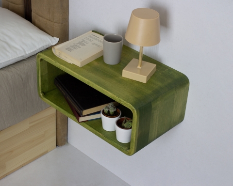 Green Curved Wooden Floating Nightstand, Handmade Bedside Table - Jakarta