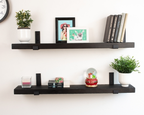 Black Wooden Shelf with Industrial Metal Brackets - Black