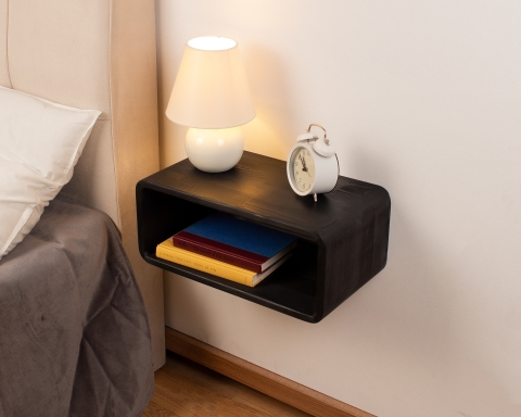 Curved Wooden Floating Nightstand, Handmade Bedside Table - Black