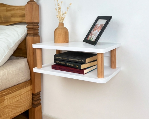 Floating Nightstand with Dual Shelf, Bedside Table - Natural and White