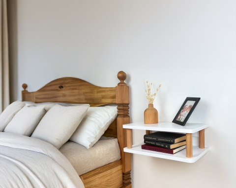 Floating Nightstand with Dual Shelf, Bedside Table - Natural and White
