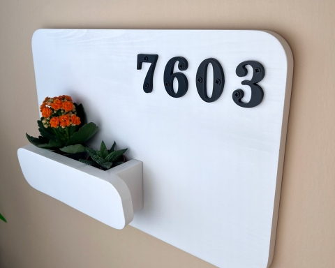 Wooden House Number Sign with Succulent Planter - White