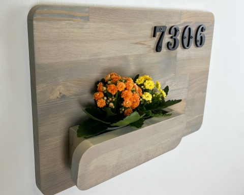 Wooden House Number Sign with Succulent Planter - Istanbul