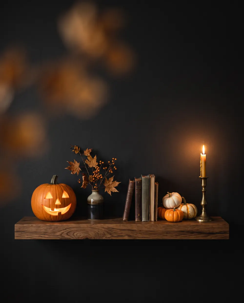 Solid wood floating shelves styled with glowing pumpkins and candles